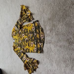 CAbi Yellow and Green Floral Sheer V-neck Ruffled Bell Sleeve Blouse, size S